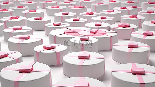 礼物盒礼盒背景图片_鸟瞰一圈白色礼物盒，上面装饰着粉红色丝带，背景引人注目，3D 渲染