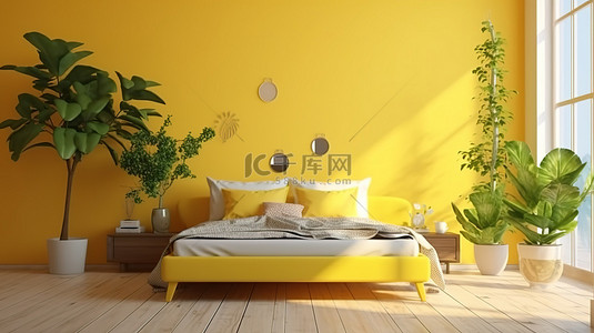 黄色主题卧室，配有令人惊叹的 3D 渲染装饰