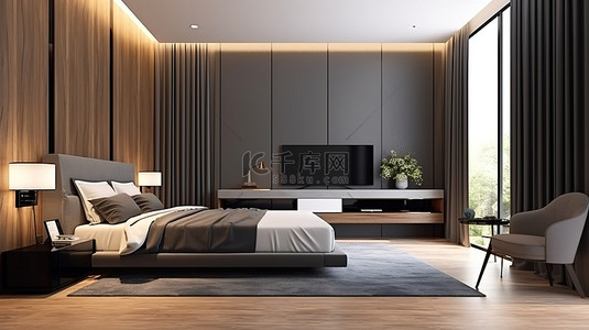 简约国风横板背景图片_当代简约卧室的 3D 渲染，配有木质和黑色大理石的集成床头板和电视柜