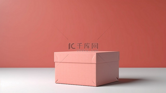 白色阴影框背景图片_粉红色珊瑚盒模型的 3D 渲染放置在桌子上，带有白色包装纸和带有阴影的贴纸