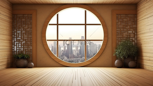 中国家庭背景图片_现代亚洲装饰木圆窗和榻榻米设计在中国室内呈现 3D 渲染