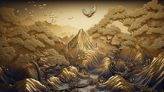 深蓝色壁画壁纸上的金色自然场景 3D 波浪山和鸟