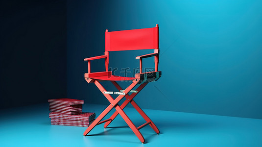 电影背景图片_蓝色舞台上的电影场景红色小导演椅，带 3D 插图