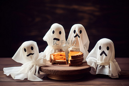 万圣节背景图片_桌子上有四个纸鬼，上面有一片巧克力蛋糕