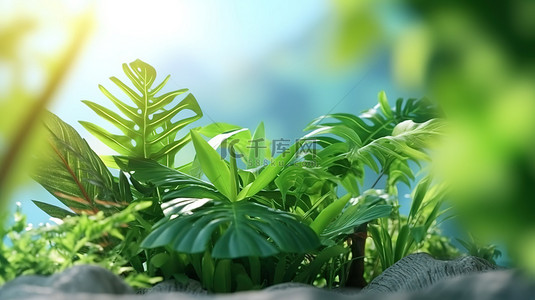 生态农业背景图片_热带自然夏季背景下的 3D 插图中的绿色植物生态与环境的概念