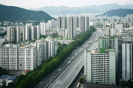 城市航拍背景图片_在韩国，城市街道的航拍图像