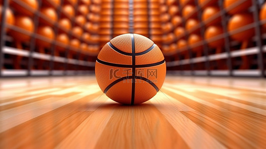 橙色篮球的 3D 渲染，位于木制篮球场地板的中心，背景上有白线