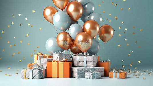 3D 渲染节日布置，配有气球和礼品盒，用于聚会庆祝活动