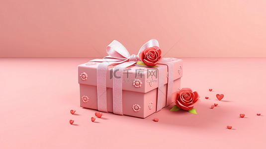 情人节庆祝活动的粉色柔和背景上带有玫瑰和性别符号的礼品盒的 3D 渲染