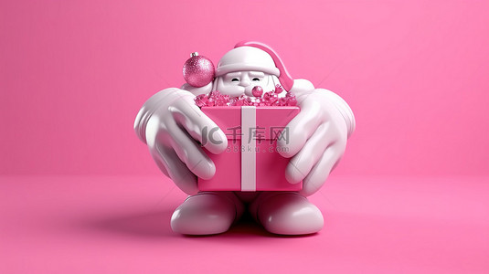 卡通三个人背景图片_圣诞老人戴着手套的手拿着粉红色礼品盒的 3D 渲染
