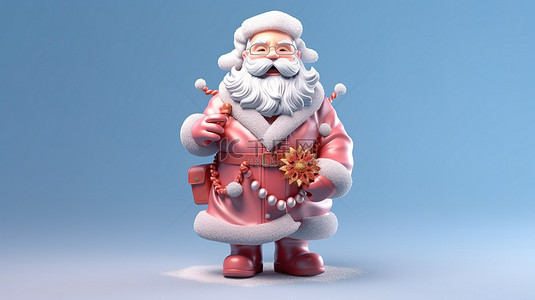 来自圣诞老人卡通 3D 插图的圣诞问候，圣诞老人戴着面具，举着卡片横幅和标签的横幅