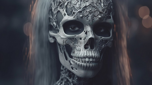 骷髅恶魔恐怖背景图片_黑暗幻想环境中女性头骨骨架的怪异 3D 插图
