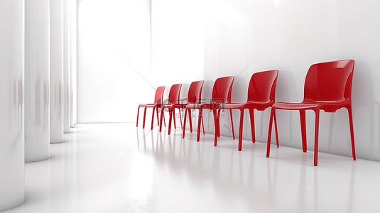 3D 插图红色椅子在白色背景上弹出，周围环绕着椅子