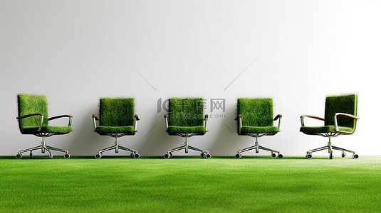 设计您自己的工作空间 3D 渲染办公椅在绿草地板和白色背景上的空白空间进行定制