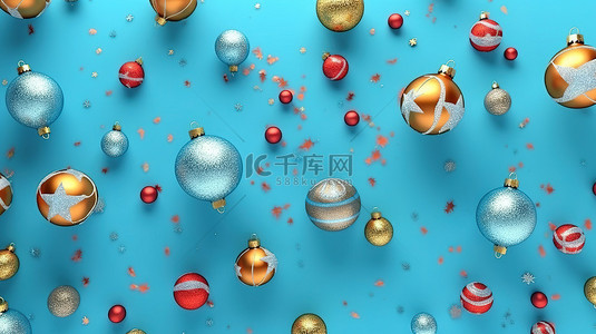 蓝色工作室背景上的圣诞球和礼物的顶部视图非常适合贺卡网站设计和 3D 渲染