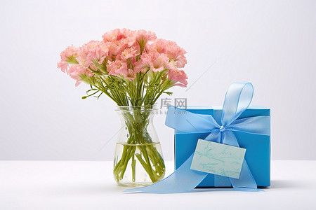 母亲节背景图片_一盒蓝色花，带蓝丝带和蓝卡