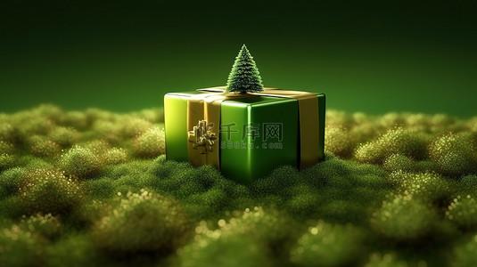 生日背景图片_圣诞礼物创意带有森林图案的 3D 绿色盒子