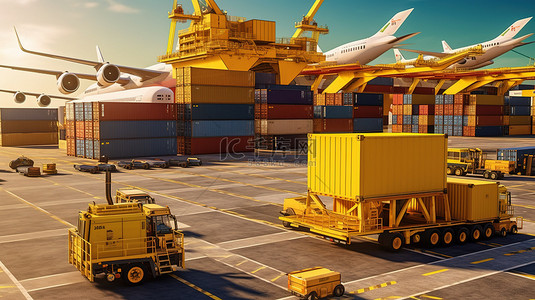 下单配送背景图片_将货物从机场运输到海港的集装箱堆场物流的 3D 渲染和插图