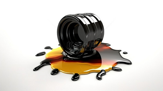 原油从桶鼓流到白色背景的石油产品概念 3d 渲染