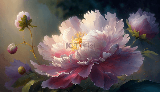 绿叶背景图片_粉色的花牡丹花装饰图案花卉油画背景