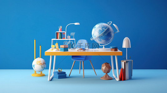 蓝色背景的 3D 渲染，桌上有课桌和配件