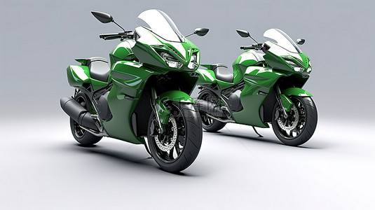 3D 插图白色背景展示了时尚的绿色城市运动两座摩托车