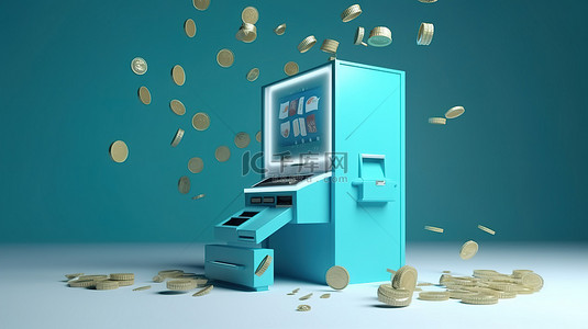 交易银行业务使 atm 机的 3d 渲染变得容易，背景上有硬币和滑纸