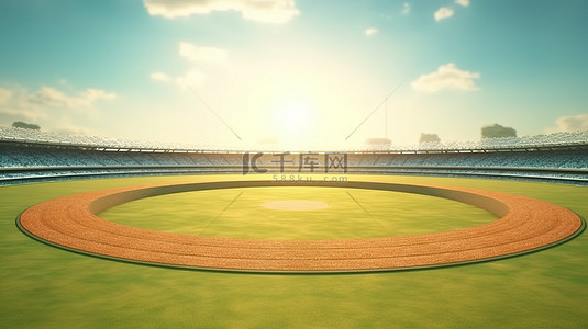 宽敞的板球场与郁郁葱葱的绿色外场和体育场圈的 3D 插图