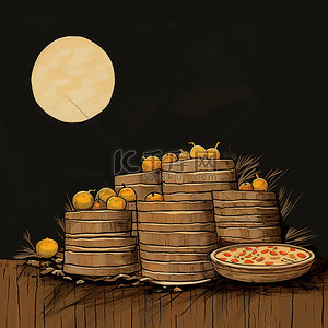 回收木材上的馅饼拼盘与丰收的月亮