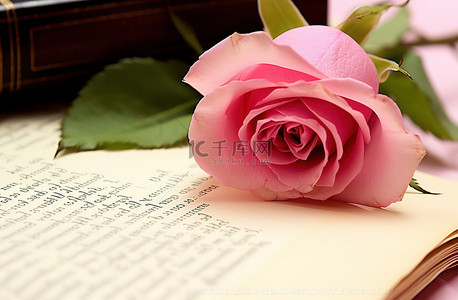 粉红背景图片_一朵粉红玫瑰坐在一本空书上的一封信旁边