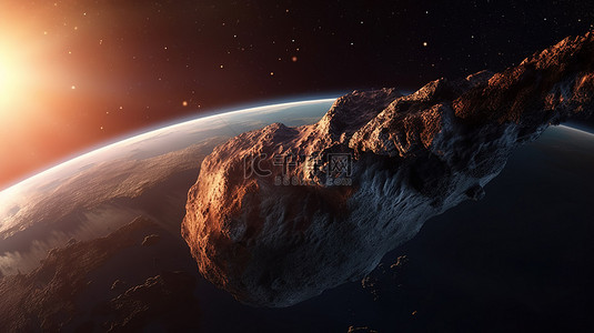 星空背景图片_巨大的小行星冲向太空中日出照亮的行星 3D 插图