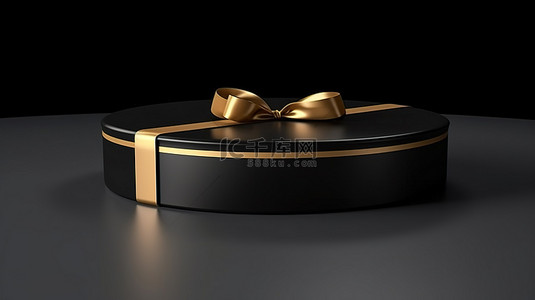 精致的黑色圣诞礼品盒，带有金丝带，在平坦的黑色背景下 3d 渲染