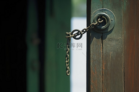韩系背景图片_一扇开着的门，上面系着一条绿色的链条
