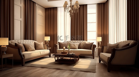 时尚的奶油色和棕色休息室配有深色木质家具时尚布沙发 3D 渲染设计