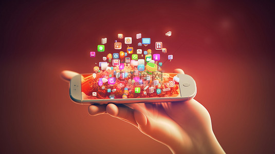 社交媒体概念手握智能手机进行媒体营销的 3D 插图