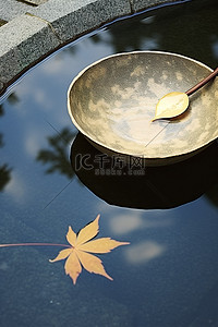 漂浮枫叶背景图片_一个带勺子的碗漂浮在圆形混凝土水池上