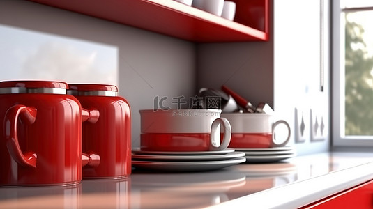 在阳光明媚的厨房中关闭厨具和现代红色家具的 3D 渲染