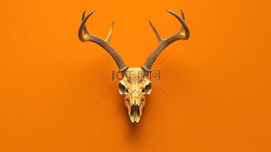 橙色背景增强了 3D 渲染单色鹿头骨的美感