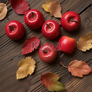 木质表面树枝上的红苹果