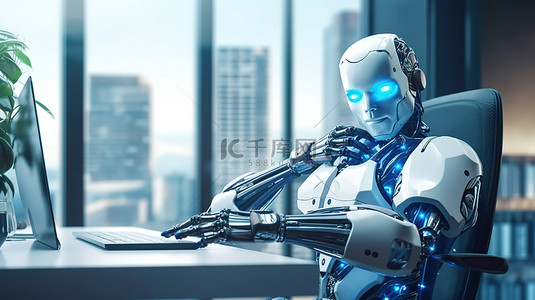 办公自动化 3d 渲染的 android 或 ai 机器人在行动