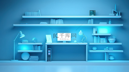 科技光科技蓝背景图片_蓝色墙架与电脑 pc 的 3d 插图