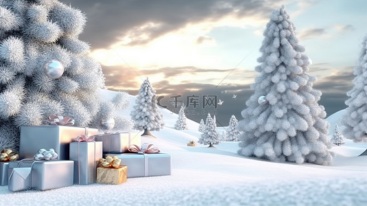 迷人的冬季仙境一棵装饰圣诞树，在 3D 雪地森林地面上放着礼物