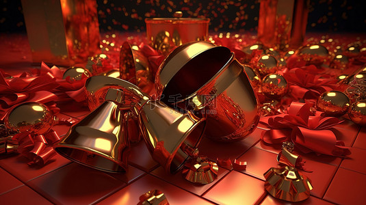 圣诞作文 3d 渲染背景与礼品盒铃和松叶
