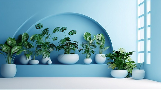 蓝色背景垂直花园的 3D 渲染