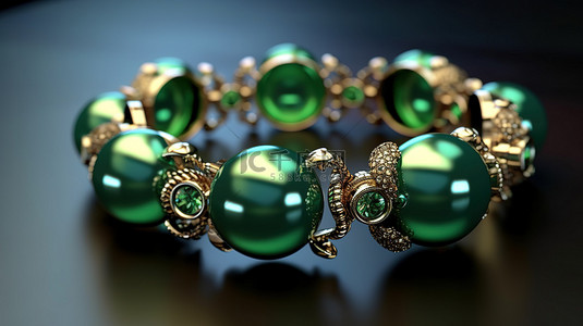 时尚手链，饰有光泽珍珠和绿色莱茵石，采用 3D 渲染