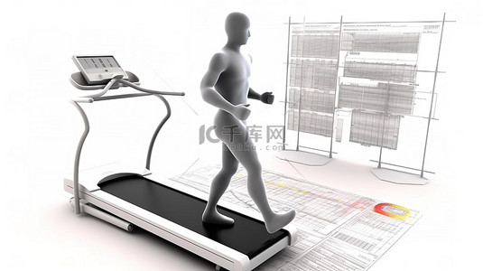 运动员图背景图片_跑步机上的 3d 图与背景白色背景中的锻炼计划