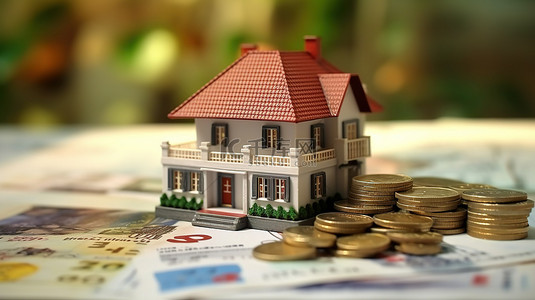 金融房背景图片_有选择地关注印度房地产商业概念，以 3D 模型房屋钥匙纸币和计算器为特色