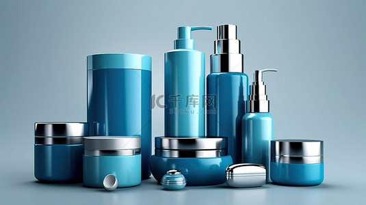 白色和蓝色背景上的化妆品和包装的 3D 插图