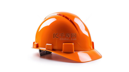 白色背景隔离橙色建筑头盔的 3D 渲染