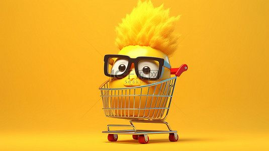 菠萝黄色背景背景图片_欢快的时髦菠萝角色，黄色背景上有购物车，以 3D 渲染